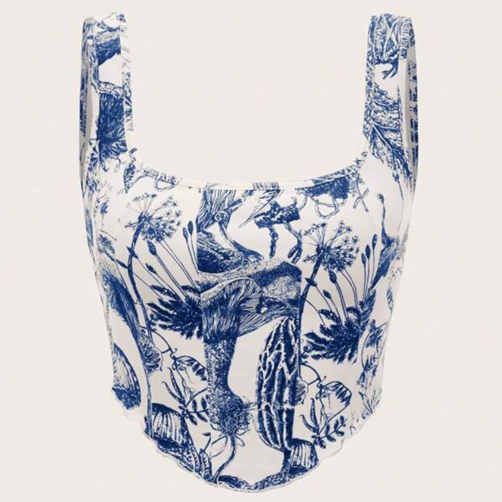 ⭐️3/$15⭐️ Shein MOD Plant Print Crop Tank Top, Blue & White, Women's Size Small